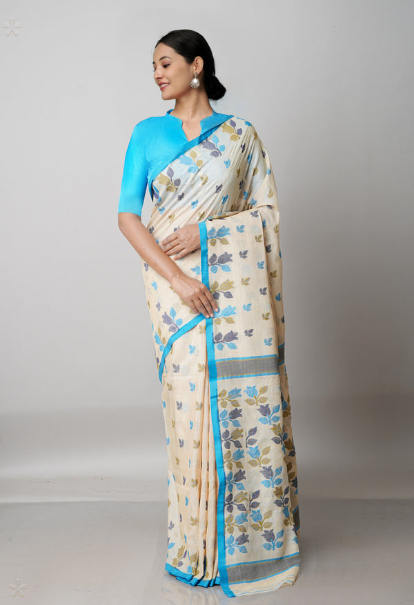 Beige Pure Handloom Tussar Jamdhani Bengal Cotton Silk Saree-UNM68907