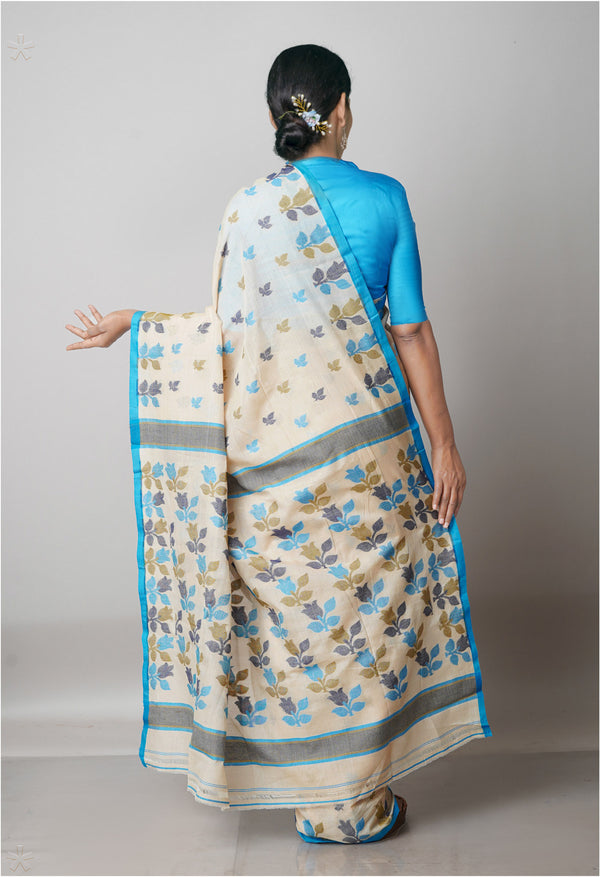 Beige Pure Handloom Tussar Jamdhani Bengal Cotton Silk Saree-UNM68907