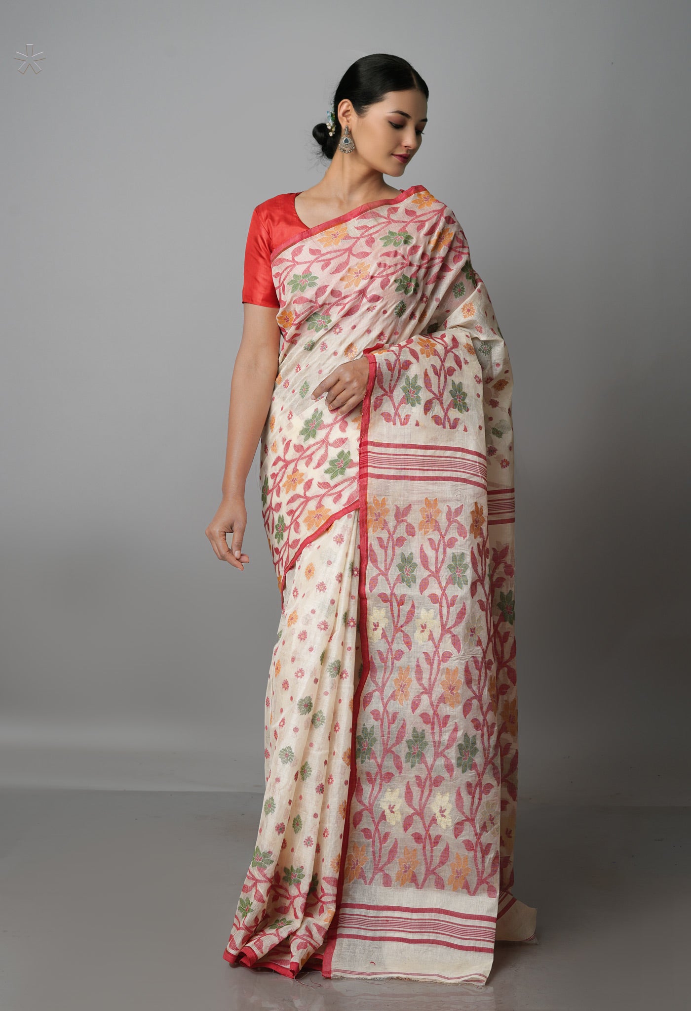Ivory Pure Handloom Tussar Jamdhani Bengal Cotton Saree-UNM68910