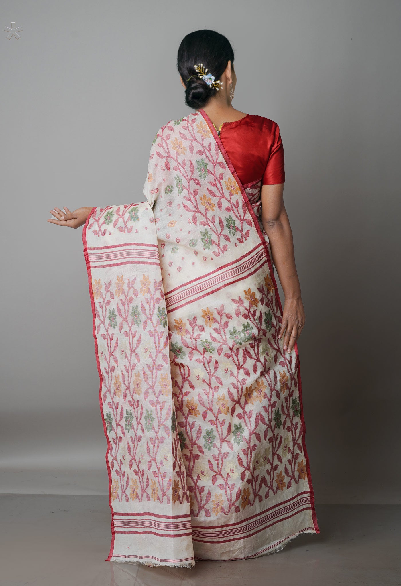 Ivory Pure Handloom Tussar Jamdhani Bengal Cotton Saree-UNM68910