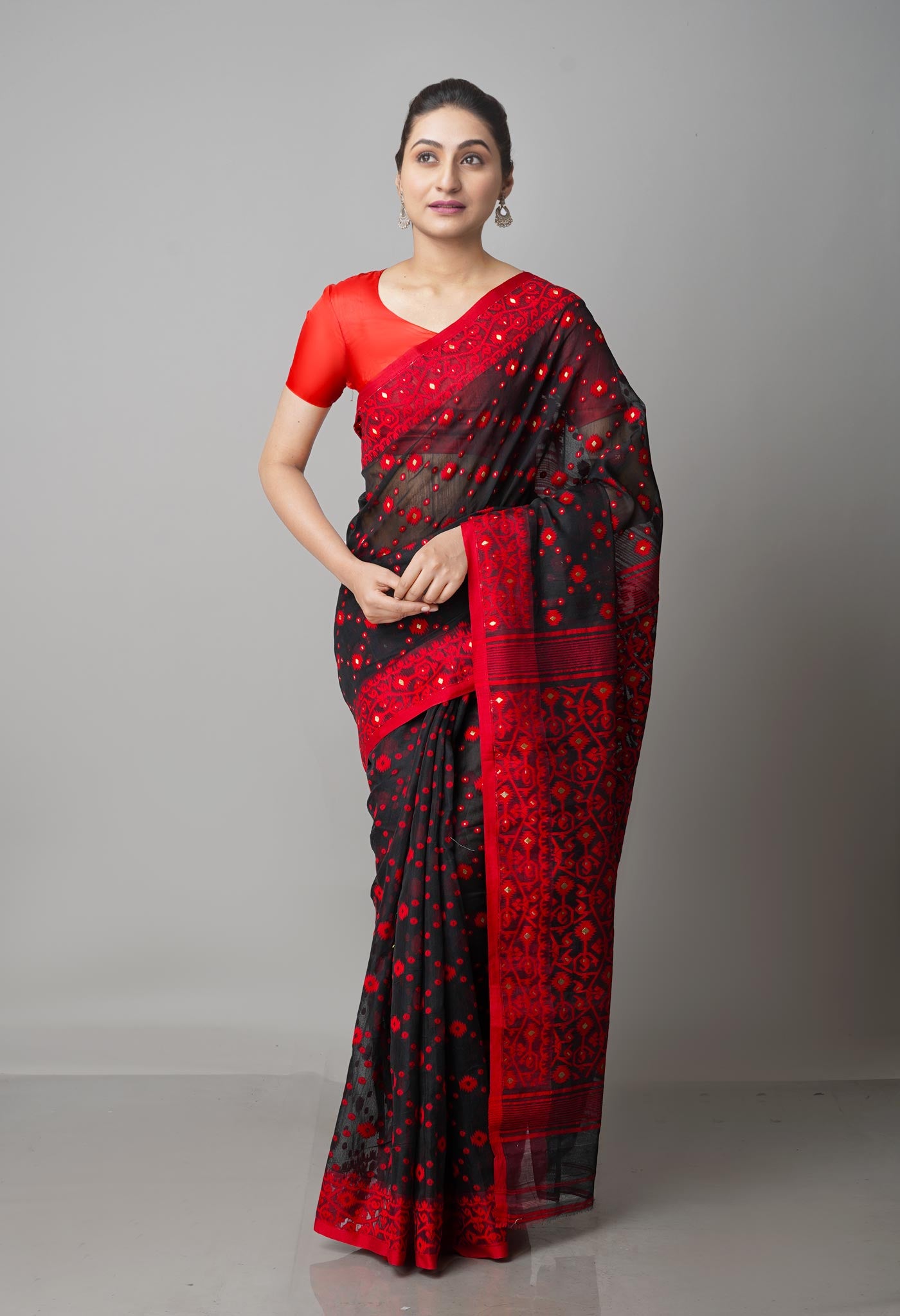Black Pure Handloom Jamdhani Bengal Cotton Silk Saree