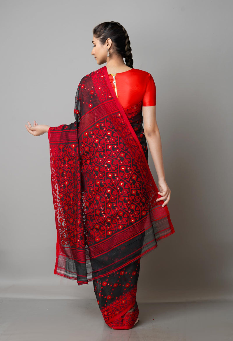 Black Pure Handloom Jamdhani Bengal Cotton Silk Saree-UNM68920
