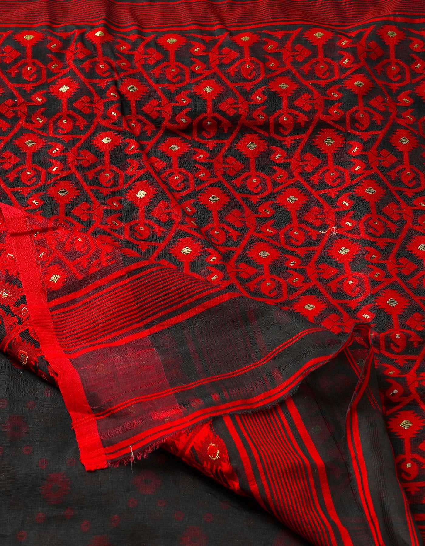 Black Pure Handloom Jamdhani Bengal Cotton Silk Saree