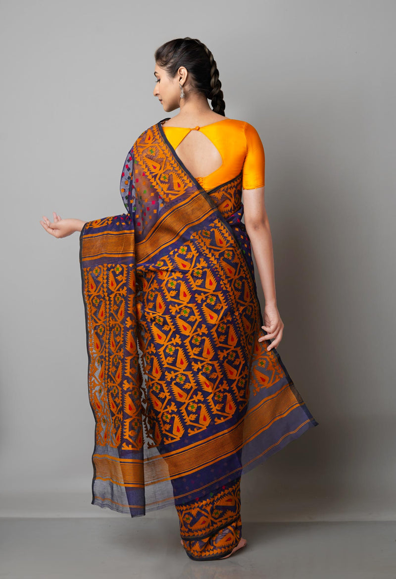 Navy Blue Pure Handloom Jamdhani Bengal Cotton Saree-UNM68923