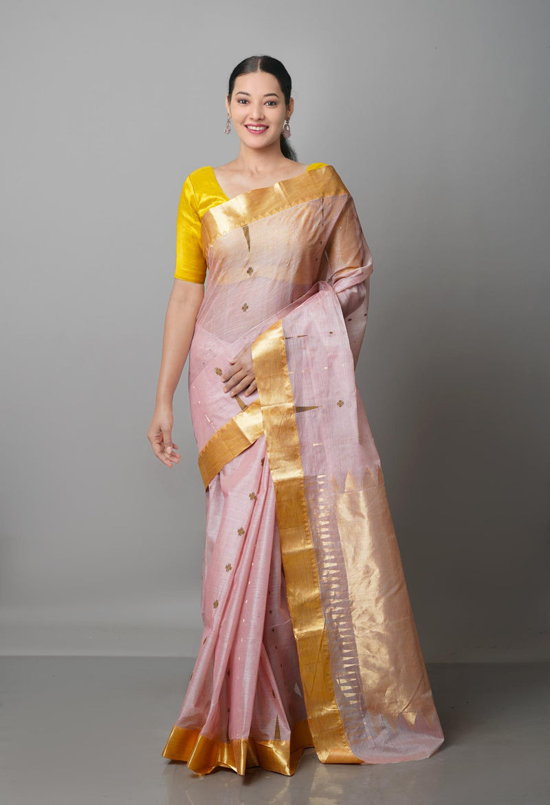 Pale Peach Pink Pure Handloom Tussar Jamdhani Bengal Cotton Saree-UNM68929
