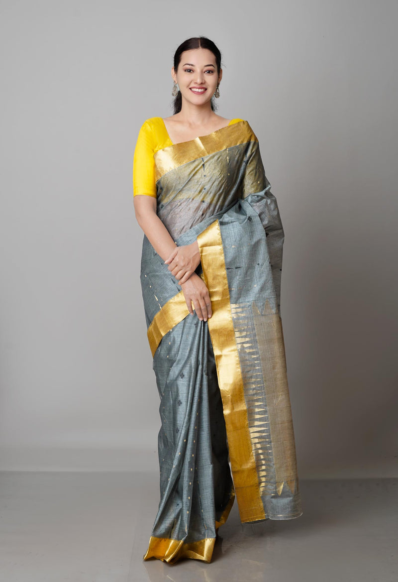 Grey Pure Handloom Tussar Jamdhani Bengal Cotton Saree-UNM68928