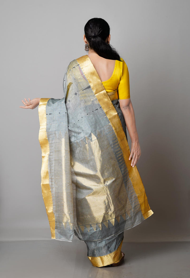 Grey Pure Handloom Tussar Jamdhani Bengal Cotton Saree-UNM68928