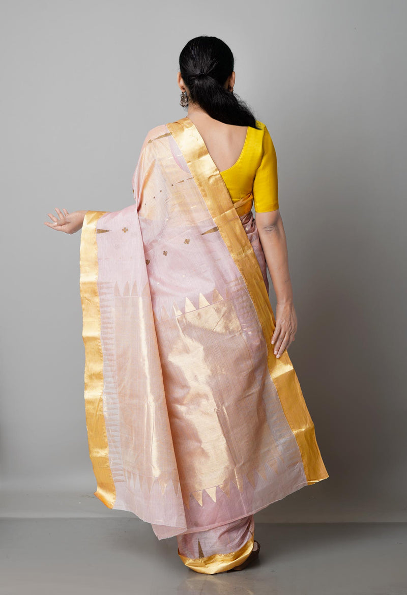 Pale Peach Pink Pure Handloom Tussar Jamdhani Bengal Cotton Saree-UNM68929