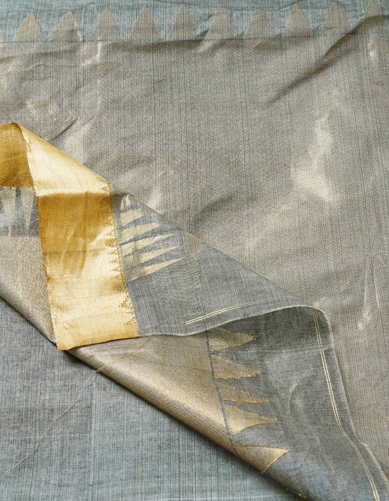 Grey Pure Handloom Tussar Jamdhani Bengal Cotton Saree-UNM68928