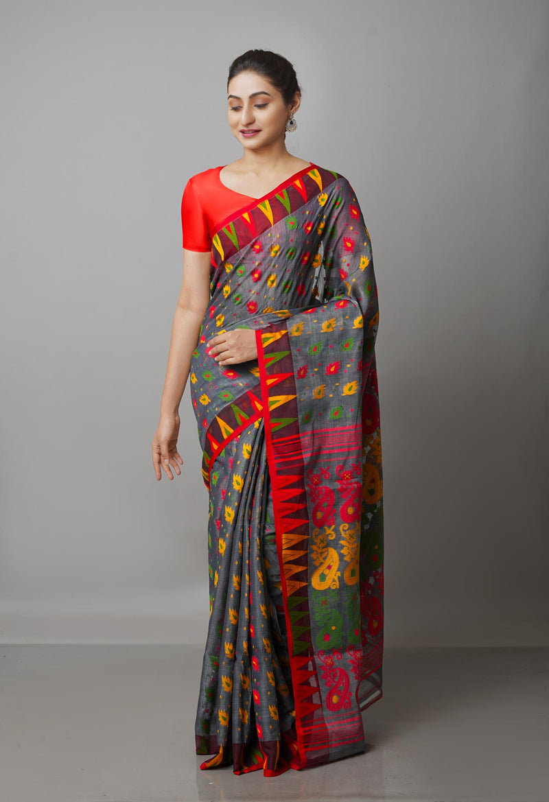 Dark Grey Pure Handloom Half Tussar Jamdhani Bengal Cotton Silk Saree-UNM68931
