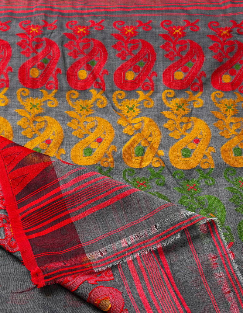 Dark Grey Pure Handloom Half Tussar Jamdhani Bengal Cotton Silk Saree-UNM68931