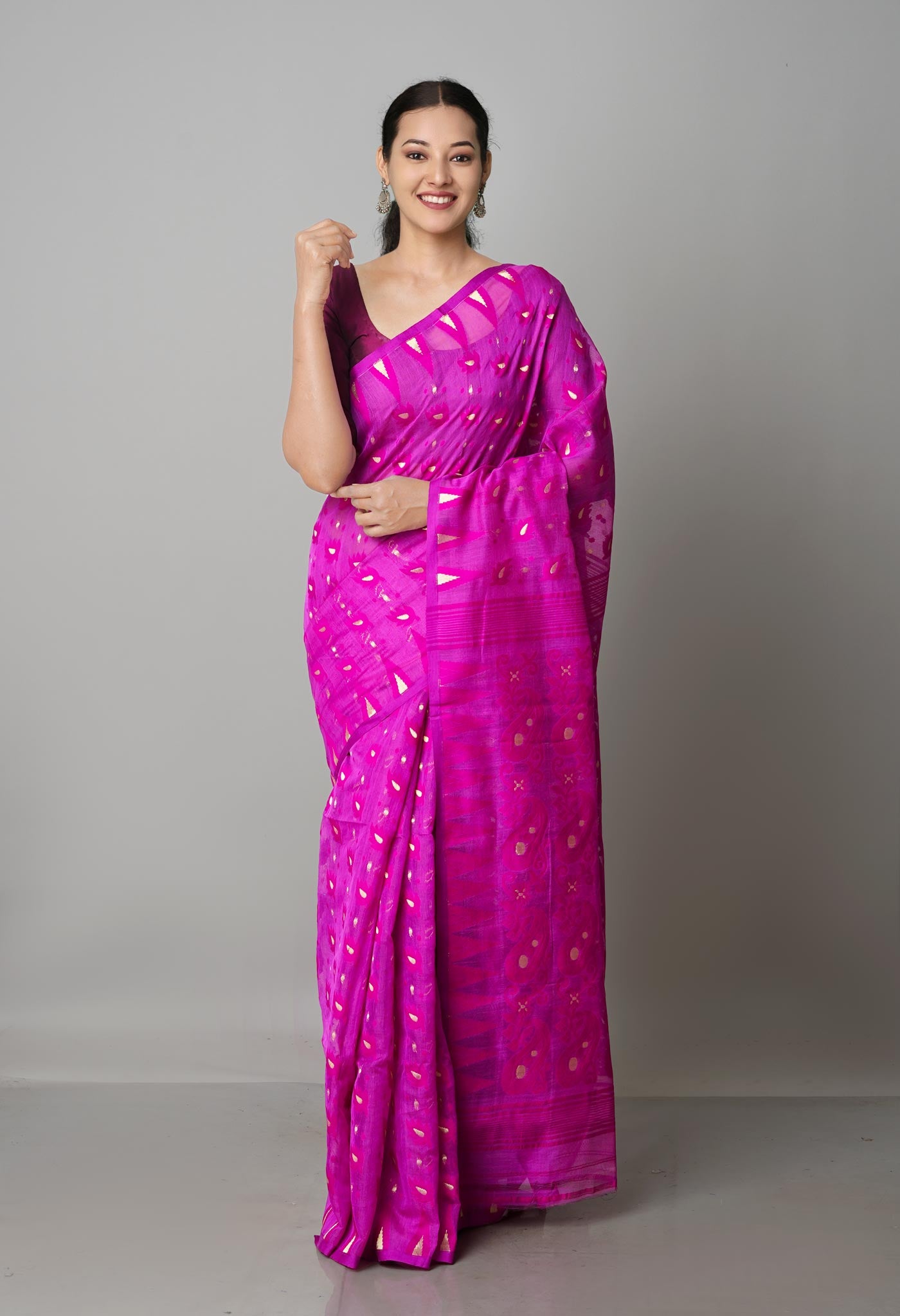 Purple Pure Handloom Half Tussar Jamdhani Bengal Cotton Silk Saree