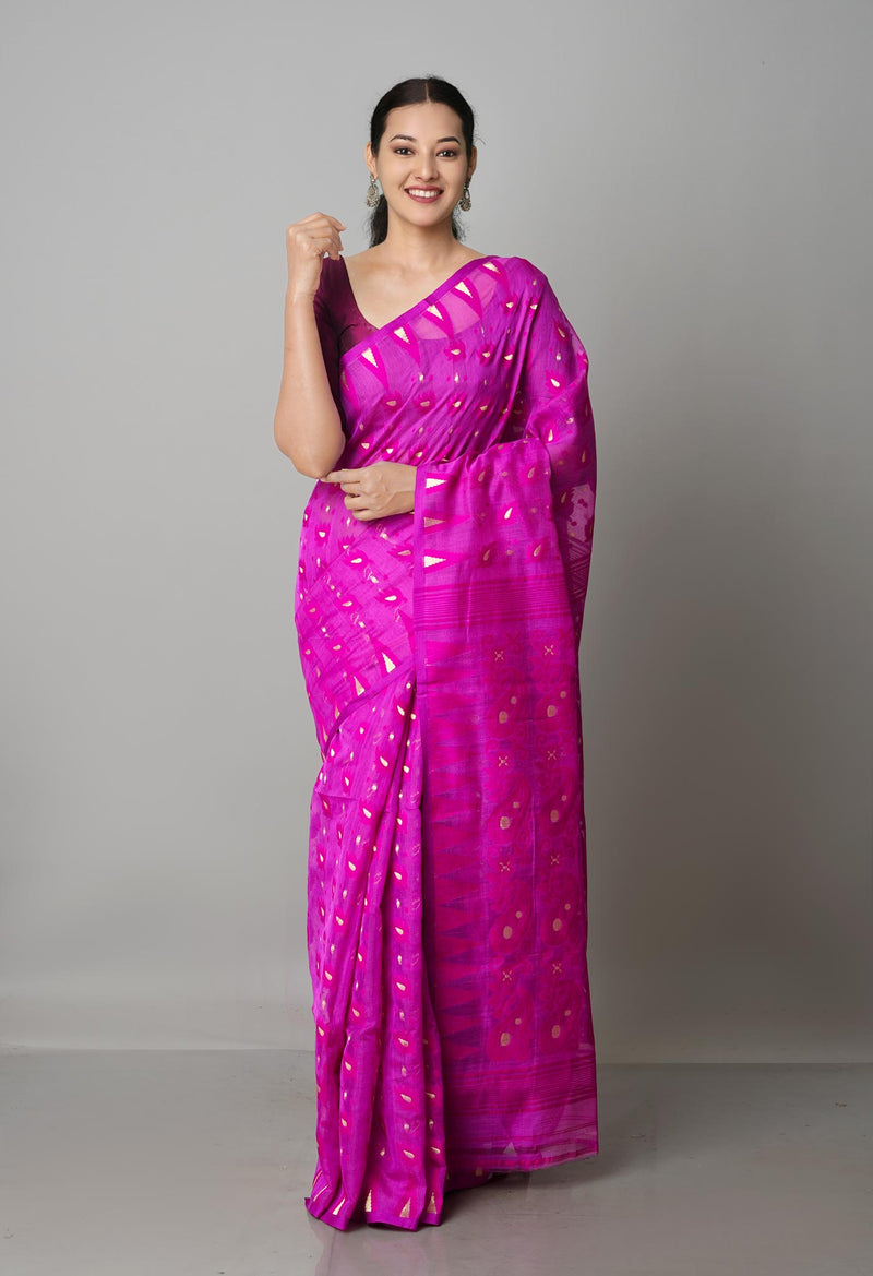 Dark Cornflower Purple Pure Handloom Half Tussar Jamdhani Bengal Cotton Silk Saree-UNM68932