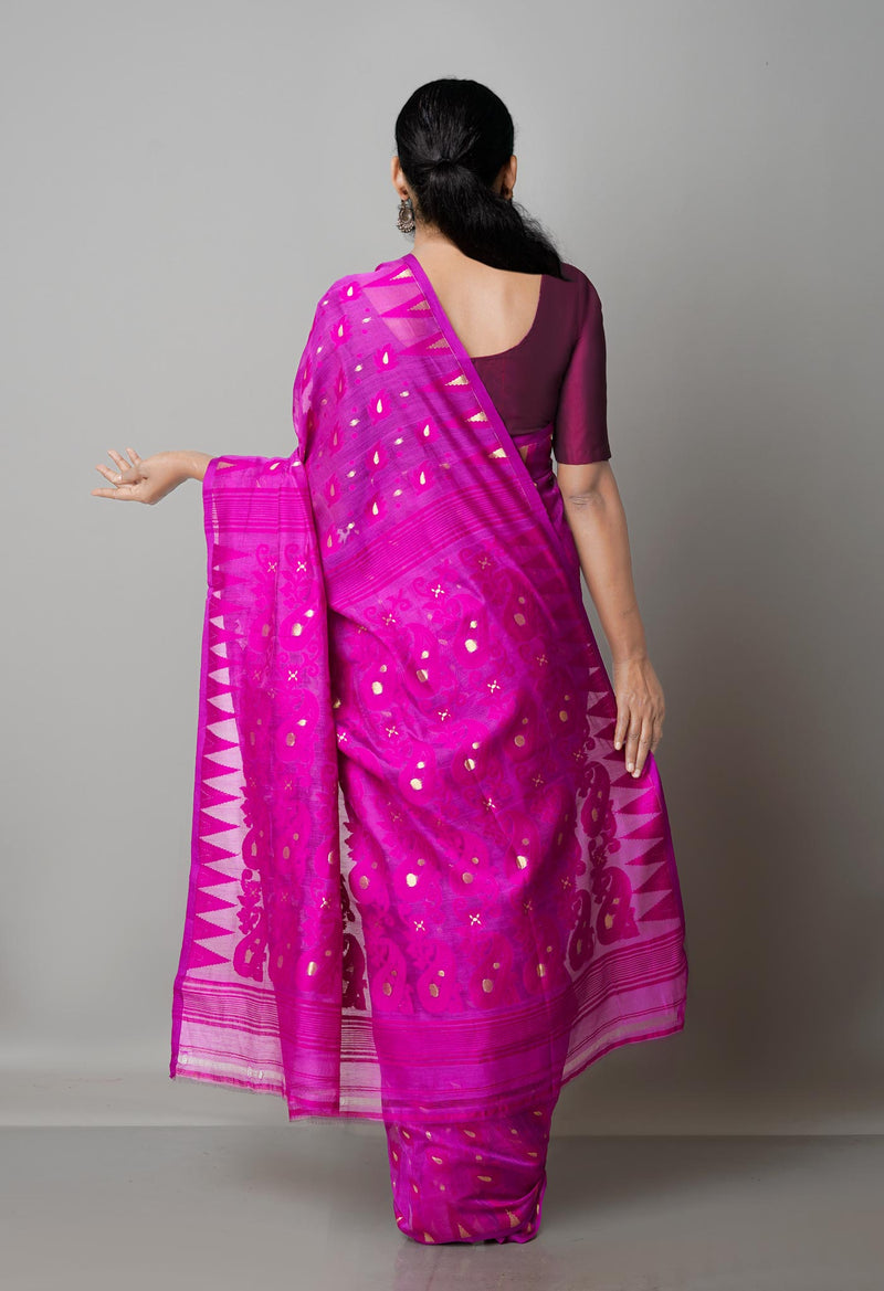 Dark Cornflower Purple Pure Handloom Half Tussar Jamdhani Bengal Cotton Silk Saree-UNM68932