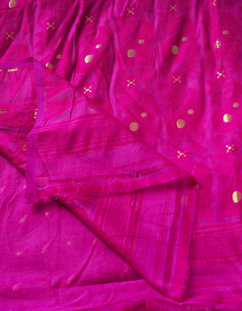 Dark Cornflower Purple Pure Handloom Half Tussar Jamdhani Bengal Cotton Silk Saree-UNM68932