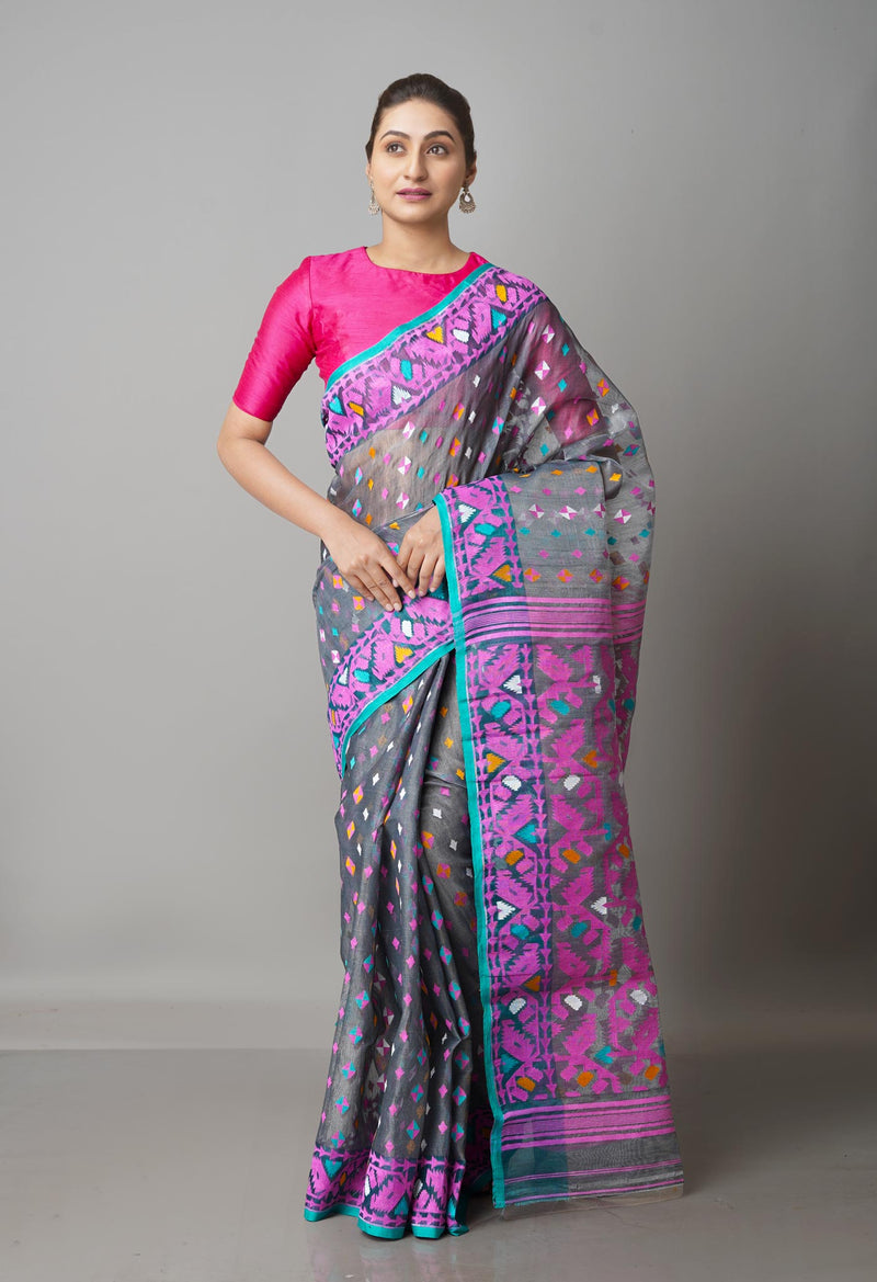 Grey Pure Handloom Jamdhani Bengal Cotton Silk Saree-UNM68934