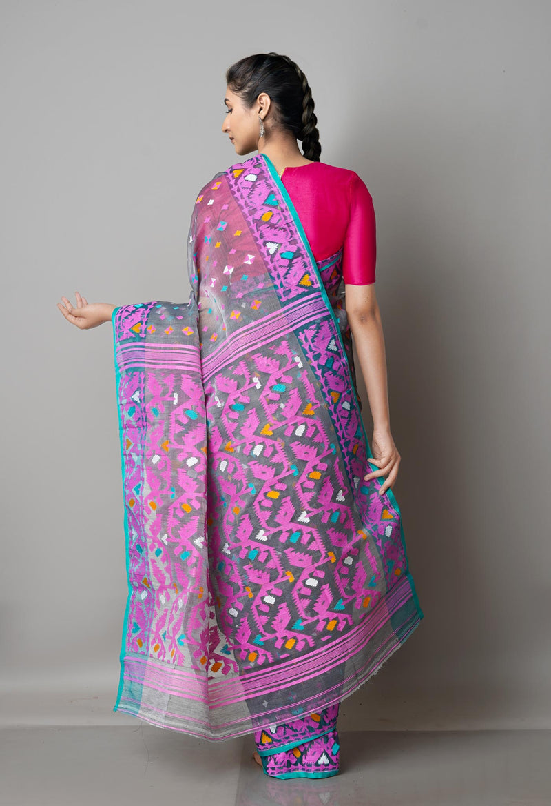 Grey Pure Handloom Jamdhani Bengal Cotton Silk Saree-UNM68934