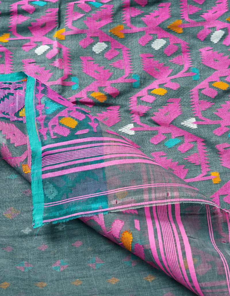 Grey Pure Handloom Jamdhani Bengal Cotton Silk Saree-UNM68934