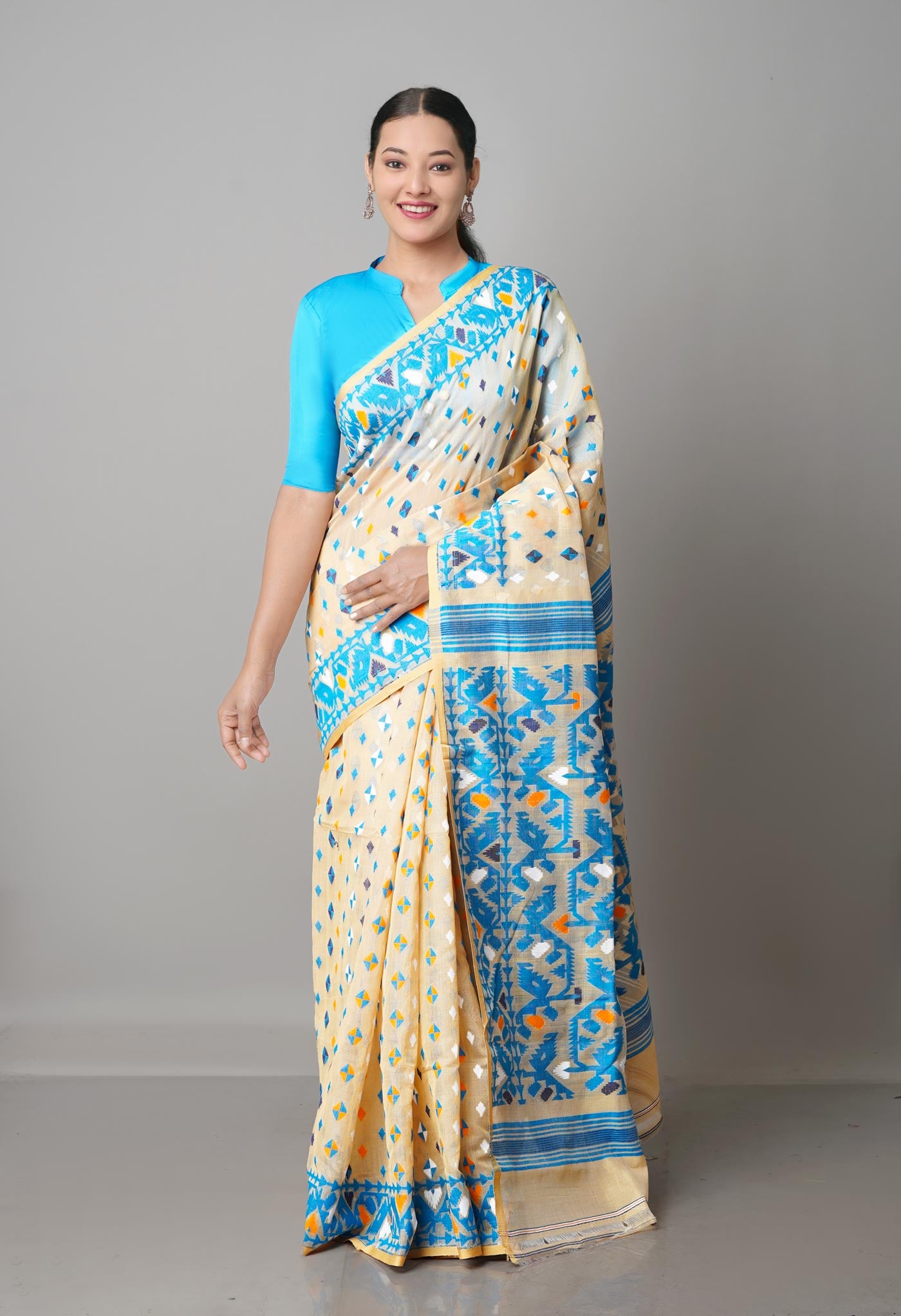 Deep Sung Cream Pure Handloom Jamdhani Bengal Cotton Silk Saree-UNM68935