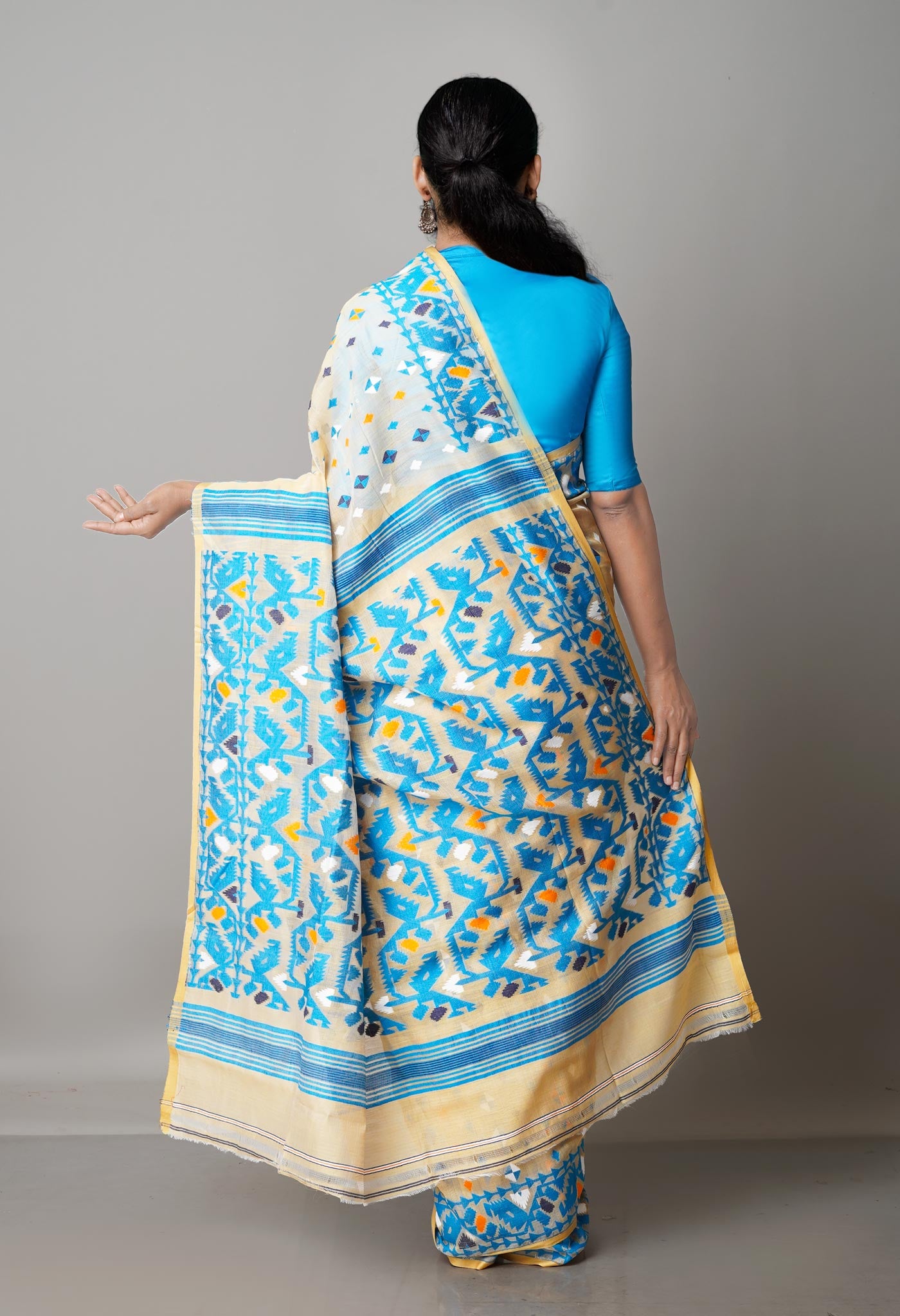 Deep Sung Cream Pure Handloom Jamdhani Bengal Cotton Silk Saree-UNM68935
