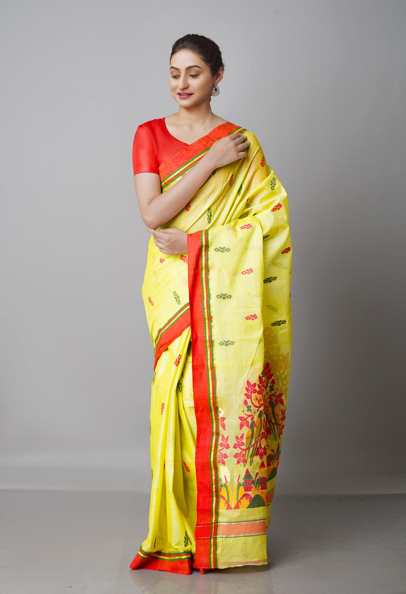 Pale Pisstachio Green Pure Handloom Tussar Jamdhani Bengal Cotton Saree-UNM68937