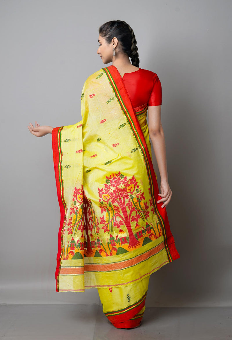 Pale Pisstachio Green Pure Handloom Tussar Jamdhani Bengal Cotton Saree-UNM68937