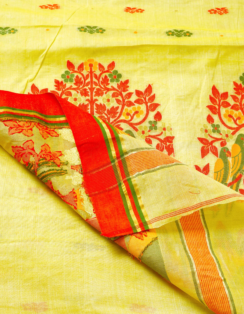 Pale Pisstachio Green Pure Handloom Tussar Jamdhani Bengal Cotton Saree-UNM68937