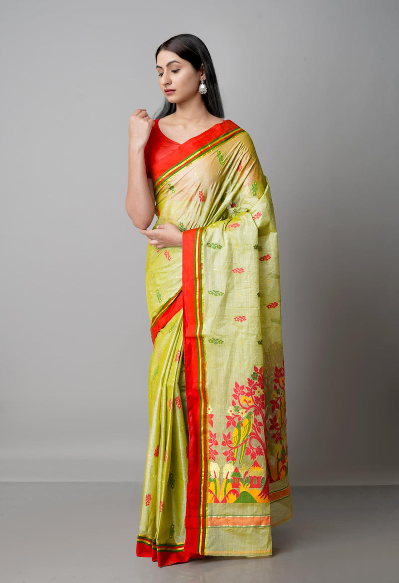 Pastel Creamish Green Pure Handloom Tussar Jamdhani Bengal Cotton Saree-UNM68938