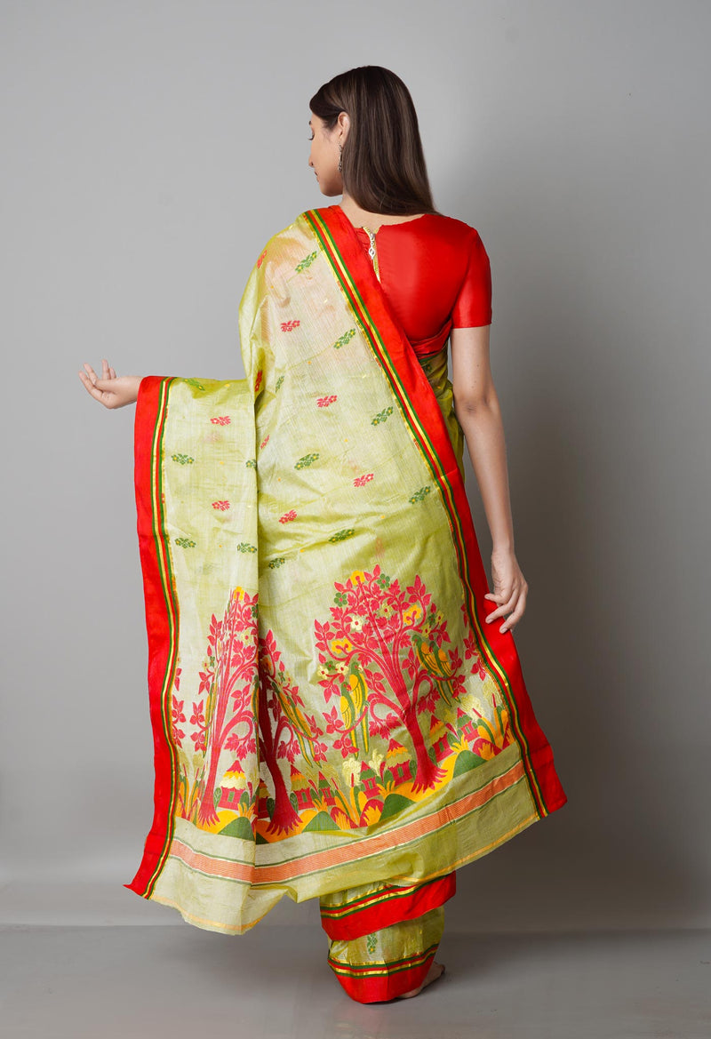 Pastel Creamish Green Pure Handloom Tussar Jamdhani Bengal Cotton Saree-UNM68938