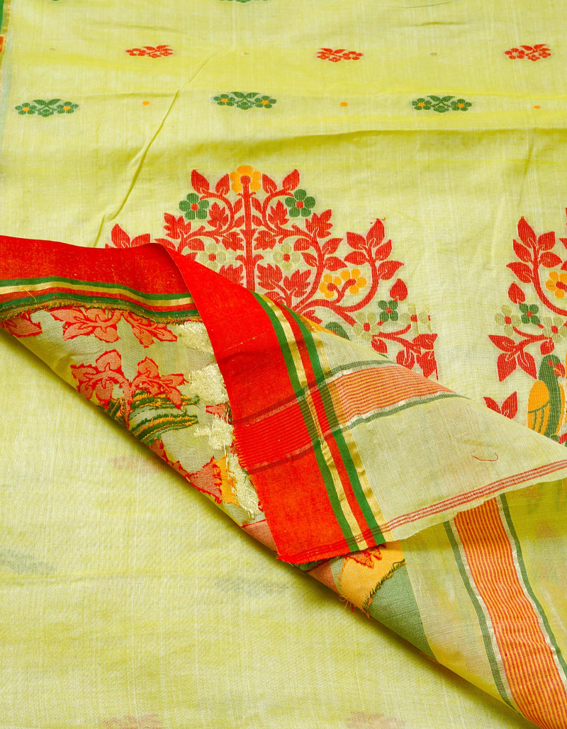 Pastel Creamish Green Pure Handloom Tussar Jamdhani Bengal Cotton Saree-UNM68938