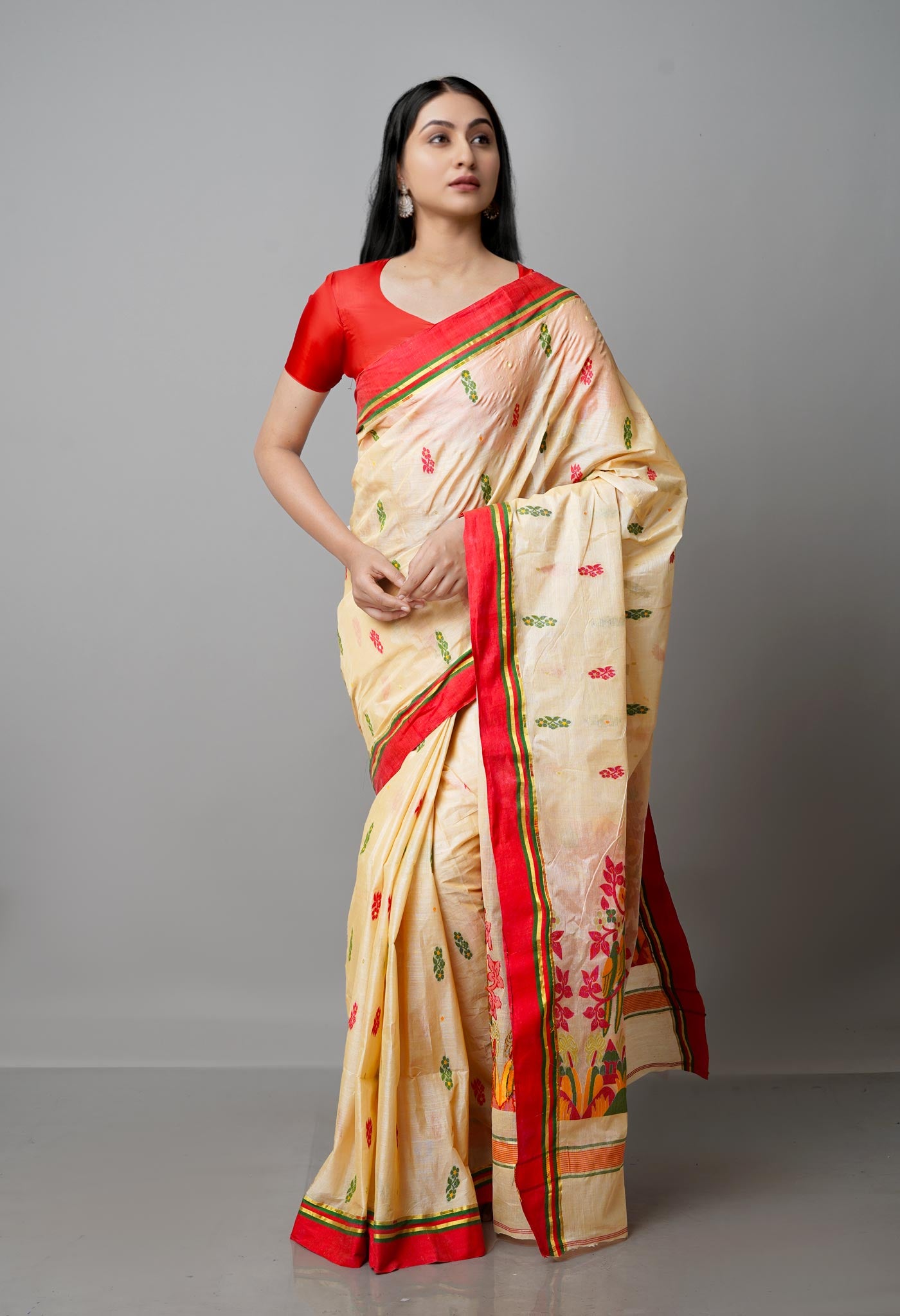 Light Ivory Pure Handloom Tussar Jamdhani Bengal Cotton Saree-UNM68939