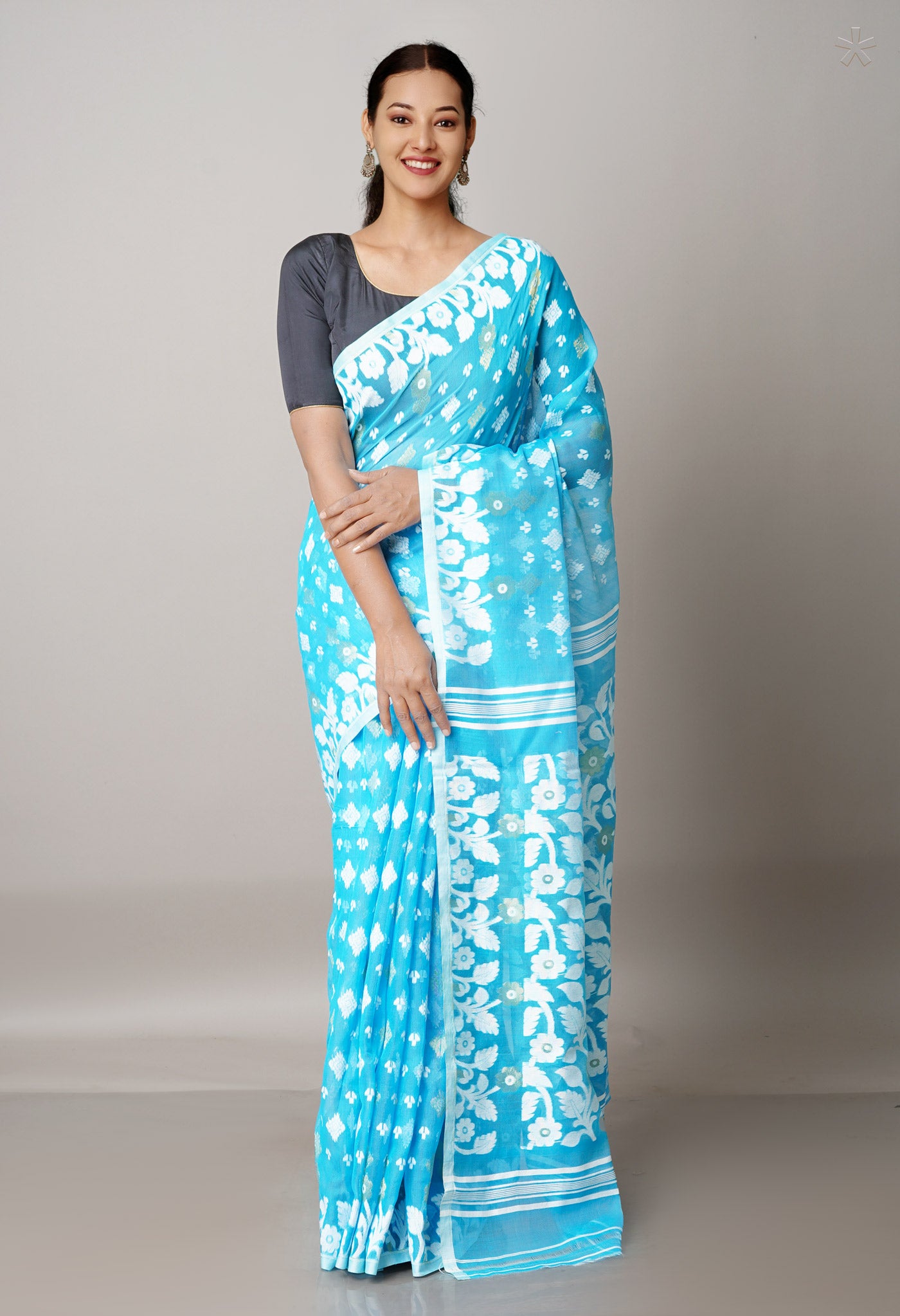 Blue Pure Handloom Jamdhani Bengal Cotton Silk Saree