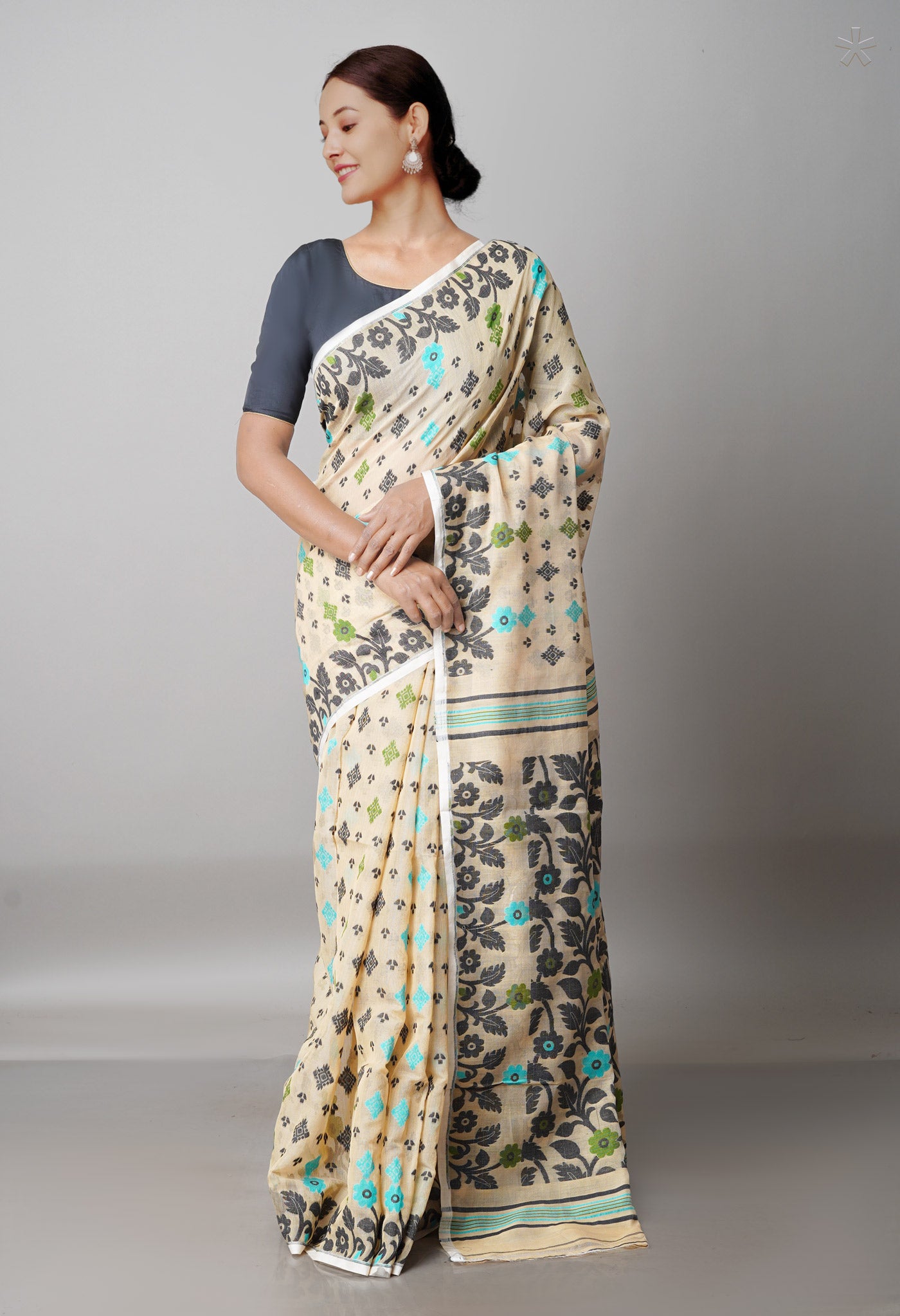 Beige Pure Handloom Jamdhani Bengal Cotton Silk Saree