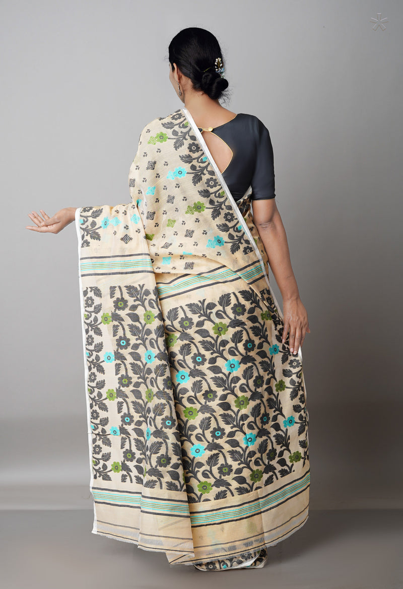 Beige Pure Handloom Jamdhani Bengal Cotton Silk Saree-UNM68947