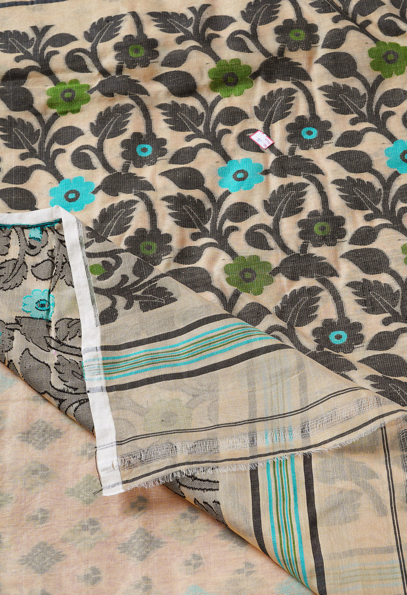 Beige Pure Handloom Jamdhani Bengal Cotton Silk Saree-UNM68947
