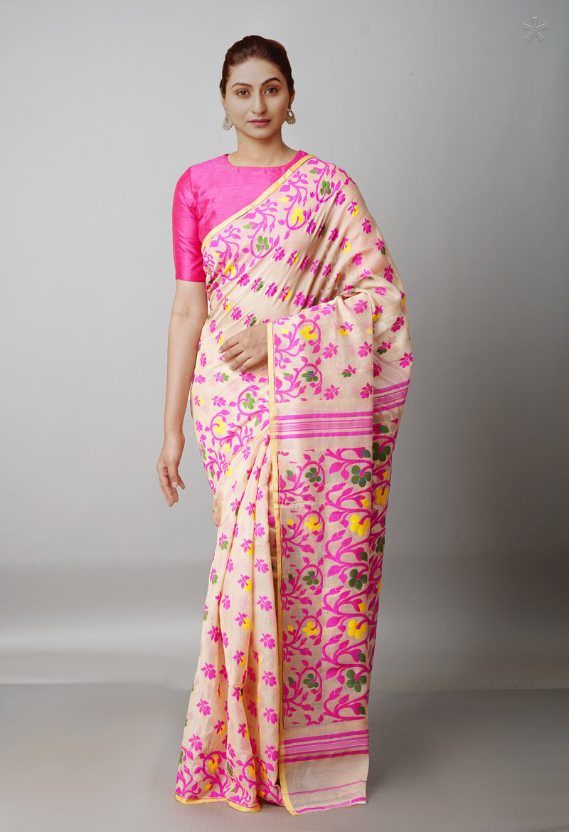 Beige Pure Handloom Jamdhani Bengal Cotton Silk Saree-UNM68948