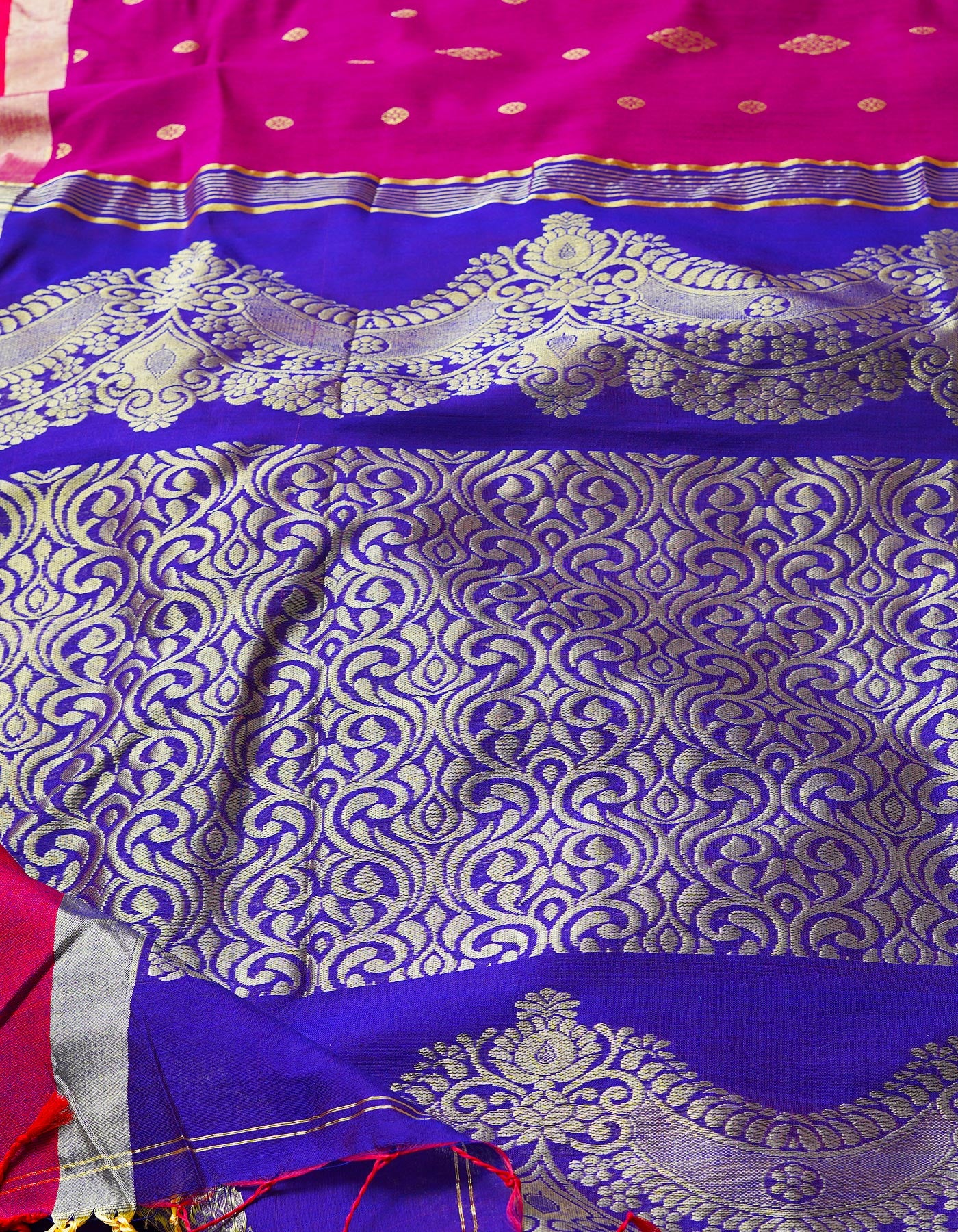 Dark Cornflower Pink Pure Handloom Half Tussar Jamdhani Bengal Sico Saree-UNM68953