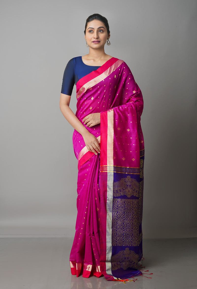 Barbie Pink Pure Handloom Half Tussar Jamdhani Bengal Sico Saree-UNM68955