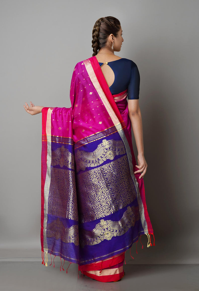 Barbie Pink Pure Handloom Half Tussar Jamdhani Bengal Sico Saree-UNM68955