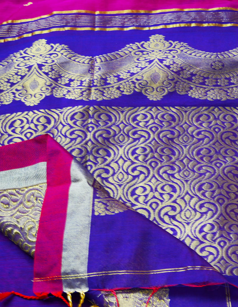 Barbie Pink Pure Handloom Half Tussar Jamdhani Bengal Sico Saree-UNM68955