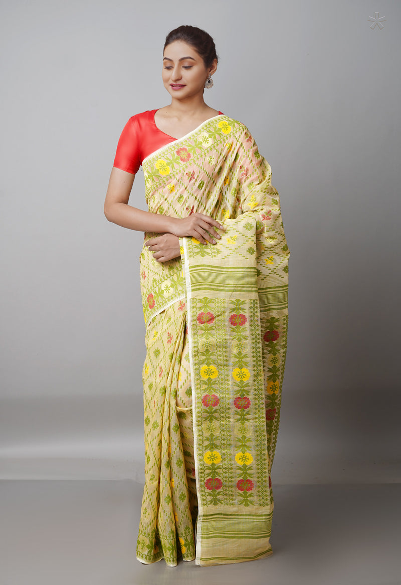 Pale Oak Cream Pure Handloom Tussar Jamdhani Bengal Cotton Saree-UNM68956