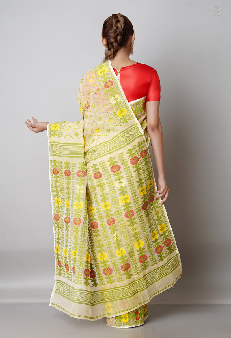 Pale Oak Cream Pure Handloom Tussar Jamdhani Bengal Cotton Saree-UNM68956