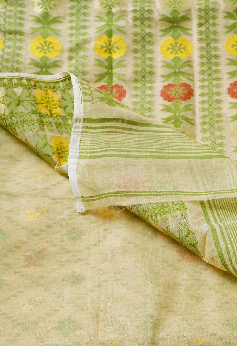 Pale Oak Cream Pure Handloom Tussar Jamdhani Bengal Cotton Saree-UNM68956
