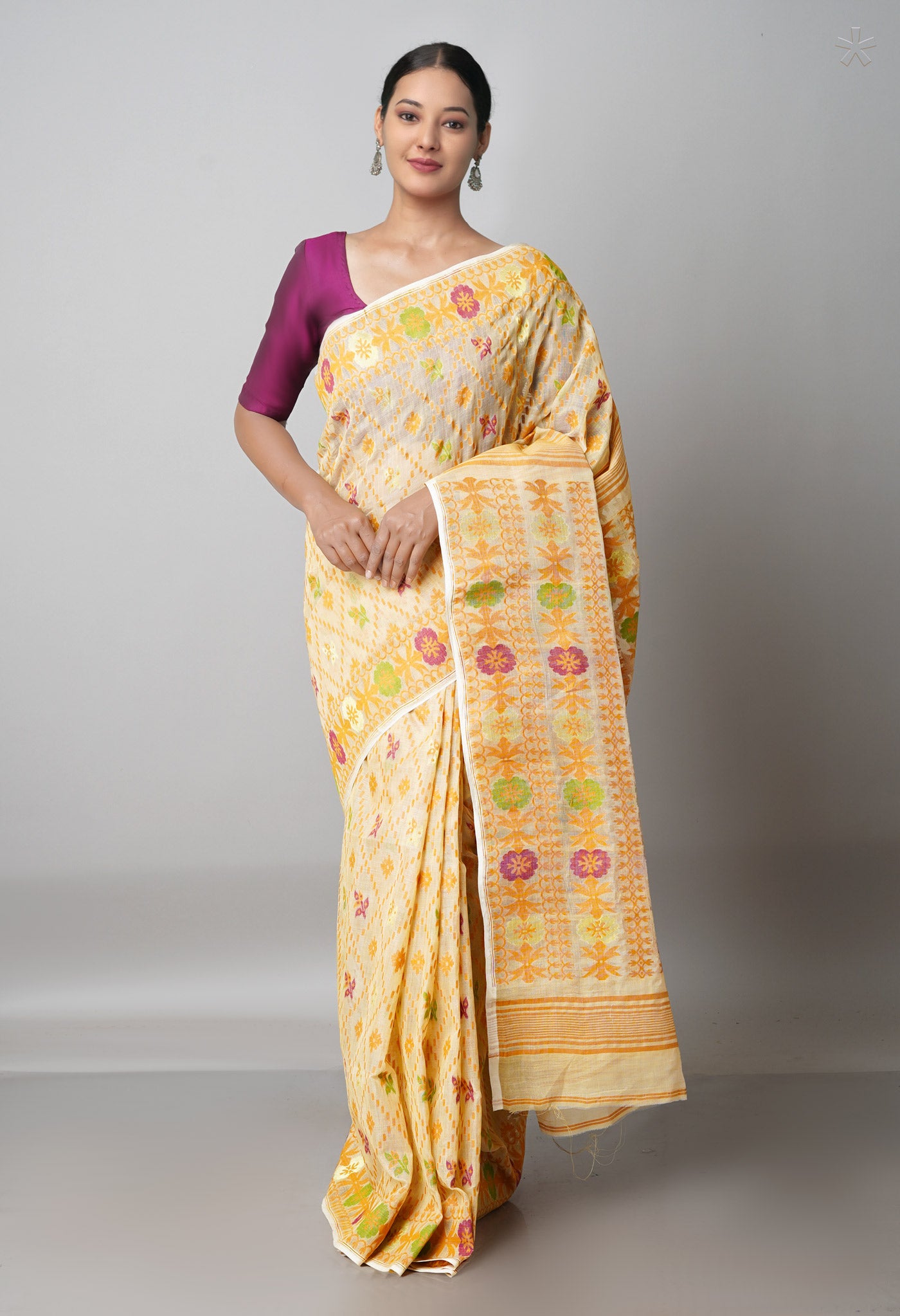 Cream Pure Handloom Tussar Jamdhani Bengal Cotton Saree