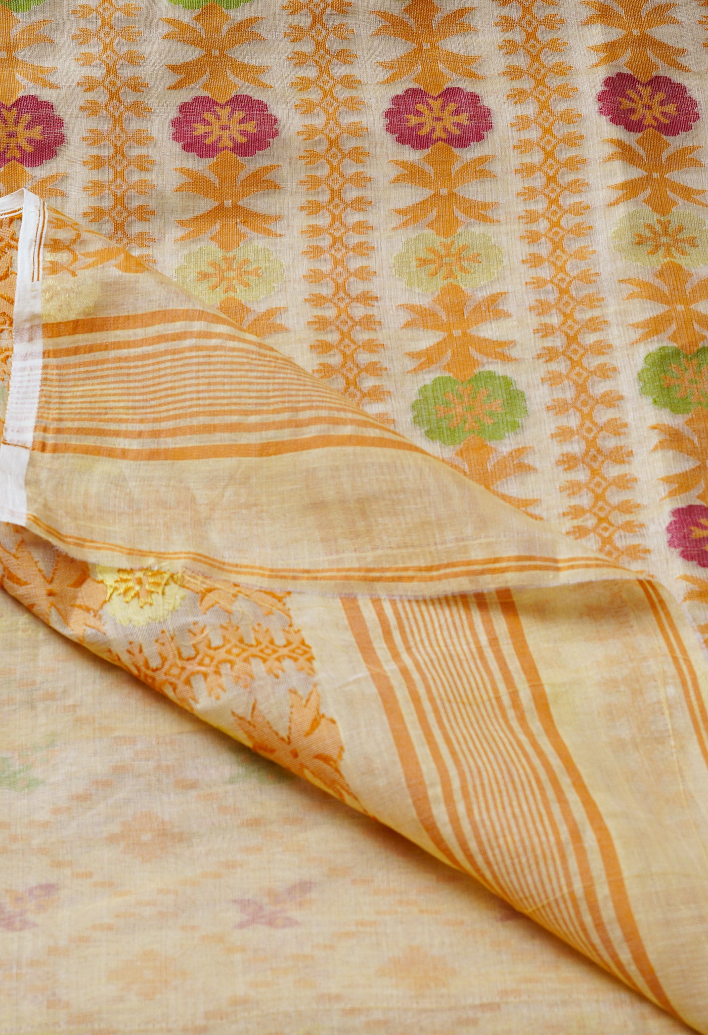 Cream Pure Handloom Tussar Jamdhani Bengal Cotton Saree