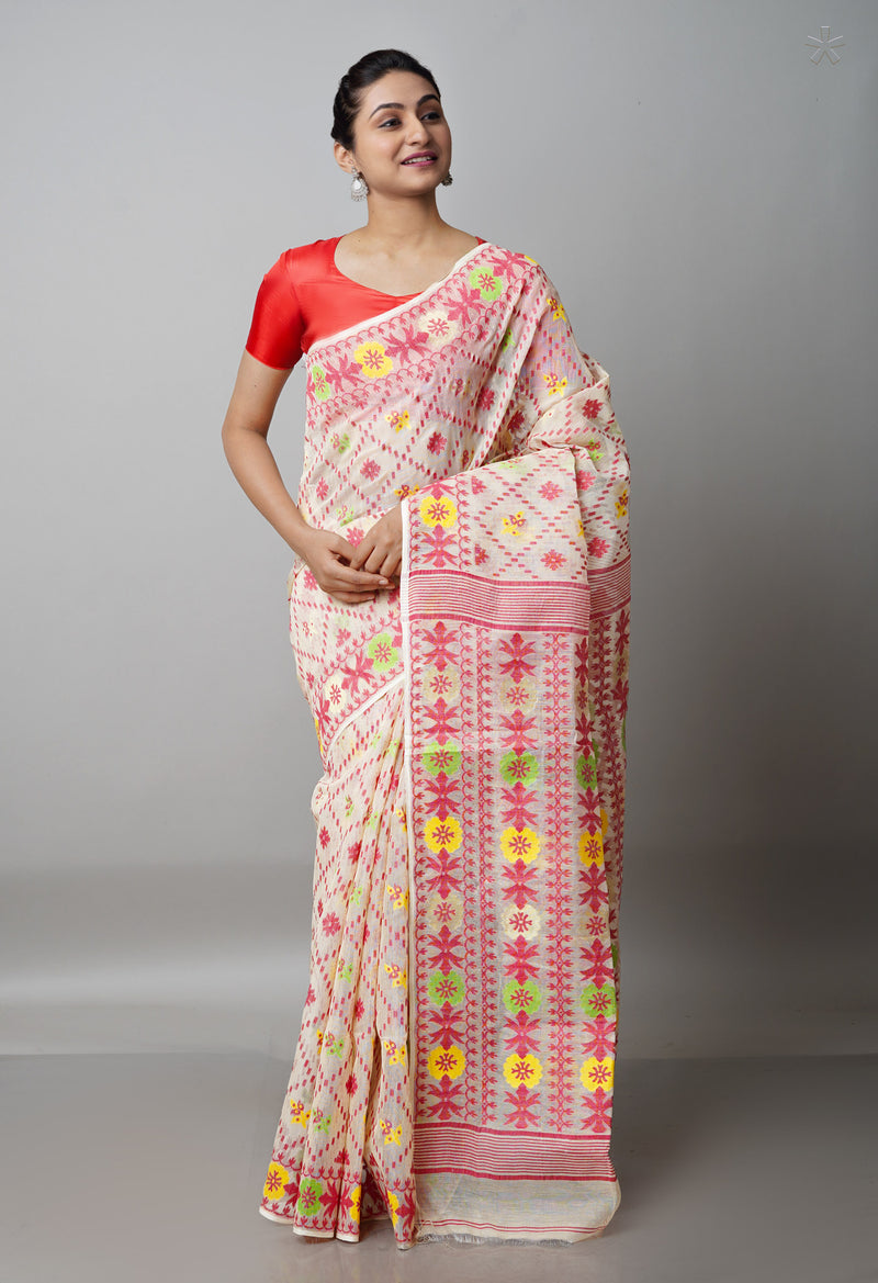 Pale Mortlake Cream Pure Handloom Tussar Jamdhani Bengal Cotton Saree-UNM68958