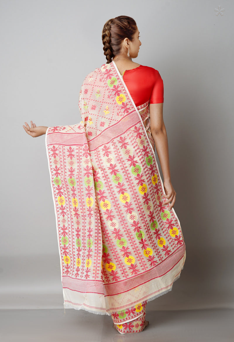 Pale Mortlake Cream Pure Handloom Tussar Jamdhani Bengal Cotton Saree-UNM68958