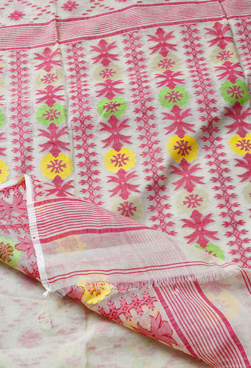 Pale Mortlake Cream Pure Handloom Tussar Jamdhani Bengal Cotton Saree-UNM68958