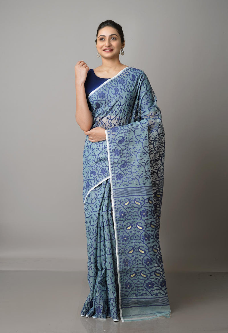 Grey Pure Handloom Jamdhani Bengal Cotton Saree-UNM68960