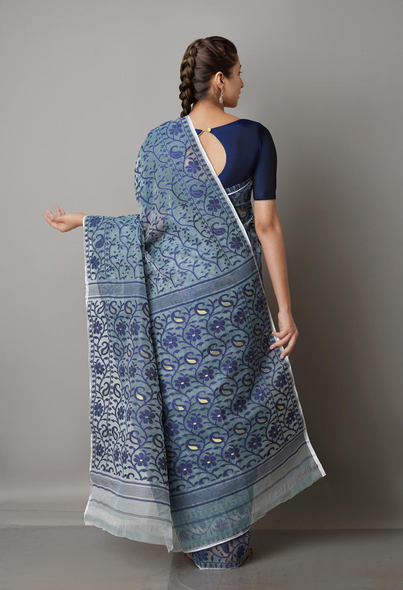 Grey Pure Handloom Jamdhani Bengal Cotton Saree-UNM68960